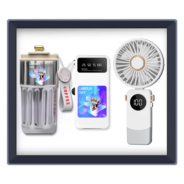 Happy Labor Day: แก้วมัค พร้อม พาวเวอร์แบงก์ พร้อม foldable fan