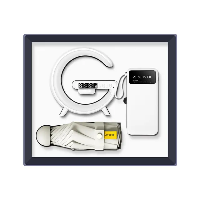 G shape แท่นชาร์จไร้สาย led lamp ลำโพง desk clock พร้อม พาวเวอร์แบงก์ พร้อม ร่มพับ (MOQ 100 SETS)