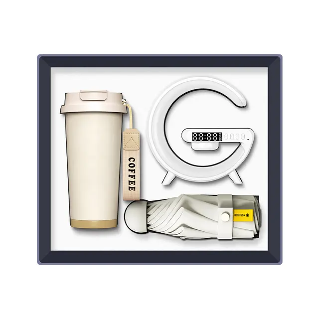 แก้วมัค พร้อม G shape แท่นชาร์จไร้สาย led lamp ลำโพง desk clock พร้อม ร่มพับ (MOQ 100 SETS)