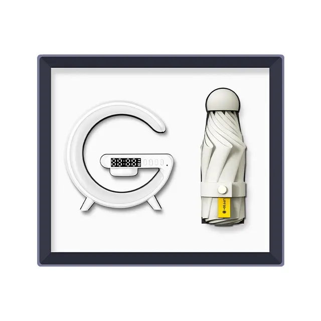 G shape แท่นชาร์จไร้สาย led lamp ลำโพง desk clock พร้อม ร่มพับ (MOQ 100 SETS)