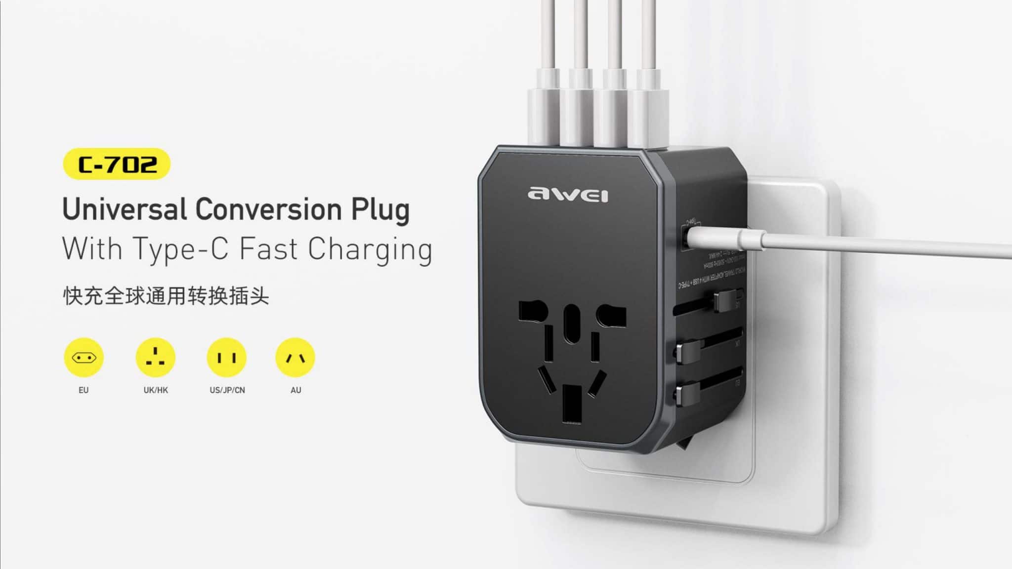 Awei Universal Conversion Plug with Type-C Fast Charging C-702