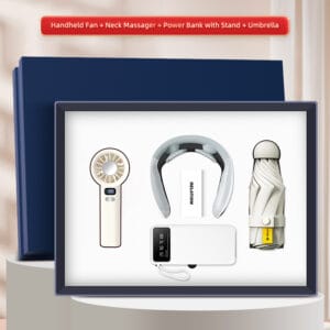 ชุดของขวัญพรีเมี่ยม 4 in 1 (Power Bank + พัดลมพกพา + เครื่องนวดคอ + ร่มพับ) – ของพรีเมี่ยมแจกลูกค้า VIP Model : TFS16-4