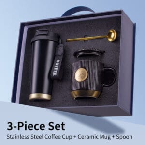 ชุดของขวัญเซ็ตแก้วพรีเมียม – แก้วเก็บร้อน/เย็น + แก้วเซรามิกพร้อมช้อนทอง Model : TTZ00-3